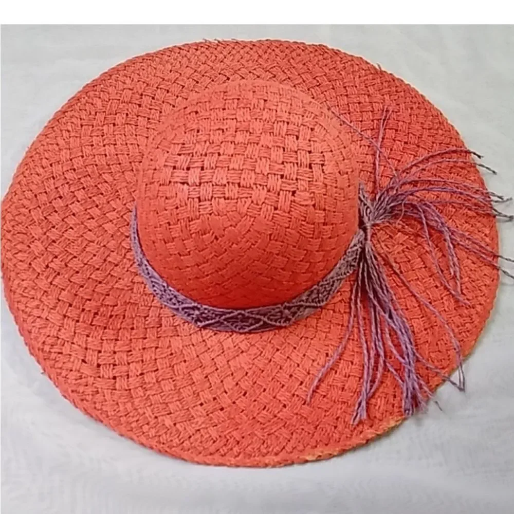Stylish Coral Sun Hat with Purple Accent - Picture 1 of 4